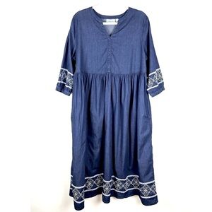 National | Prairie Vintage Style Embroidered Chambray Midi Dress | M